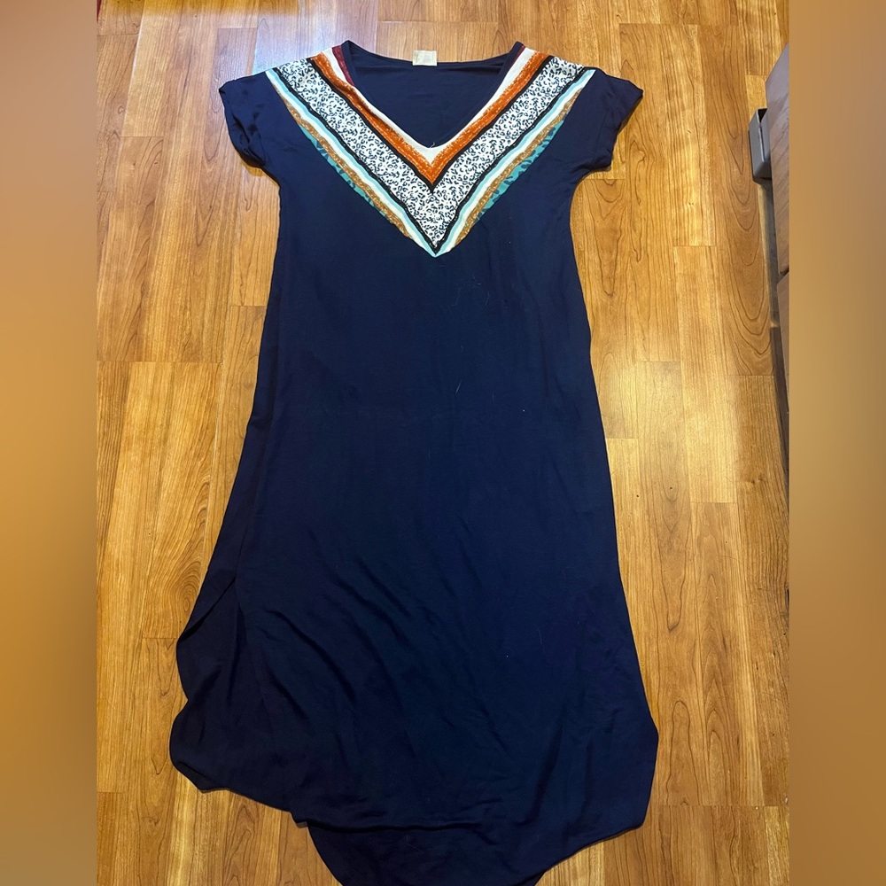 🆕 NWOT Boutique Navy Maxi Dress with Chevron Pattern, L